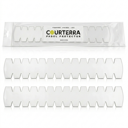 Courterra Pro Model Padel Racket Protector 2-pack in premium transparent TPU packaging on a white studio background.