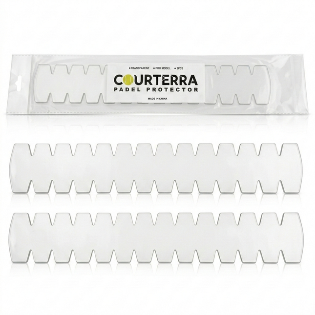 Courterra Pro Model Padel Racket Protector 2-pack in premium transparent TPU packaging on a white studio background.