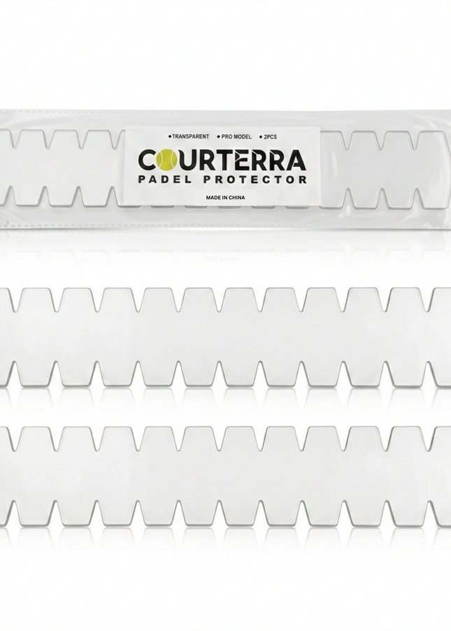 Courterra Pro Model Padel Racket Protector 2-pack in premium transparent TPU packaging on a white studio background.