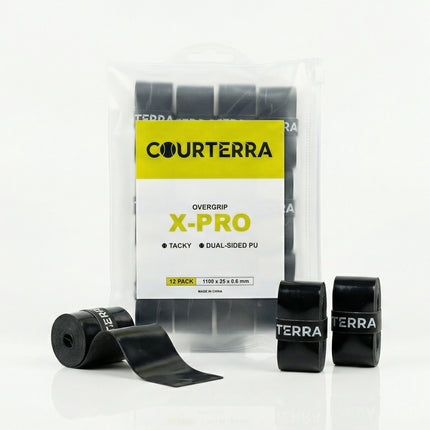 Courterra X-PRO 12-pack of premium black tacky overgrips for pickleball, padel, and tennis rackets in a signature PVC zipper bag.