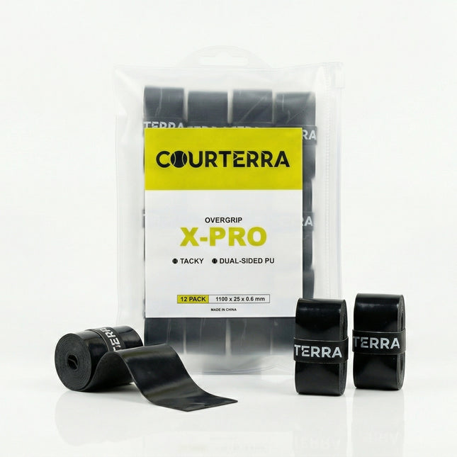 Courterra X-PRO 12-pack of premium black tacky overgrips for pickleball, padel, and tennis rackets in a signature PVC zipper bag.