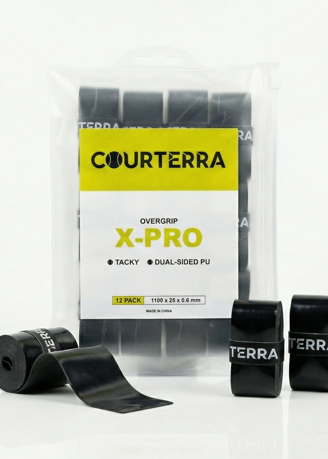 Courterra X-PRO 12-pack of premium black tacky overgrips for pickleball, padel, and tennis rackets in a signature PVC zipper bag.