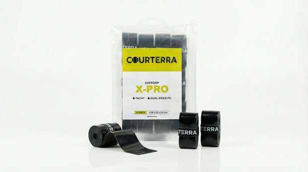 Courterra X-PRO 12-pack of premium black tacky overgrips for pickleball, padel, and tennis rackets in a signature PVC zipper bag.