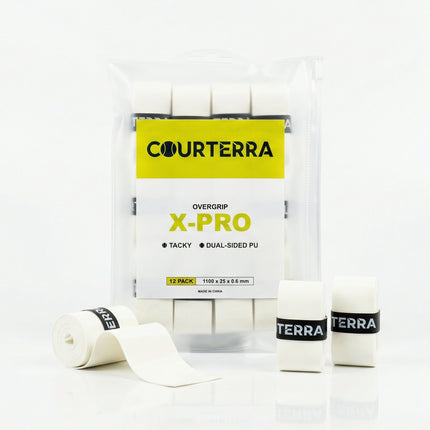 Courterra X-PRO 12-pack of premium white tacky overgrips for pickleball, padel, and tennis rackets in a signature PVC zipper bag