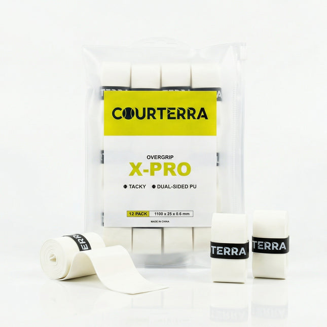 Courterra X-PRO 12-pack of premium white tacky overgrips for pickleball, padel, and tennis rackets in a signature PVC zipper bag