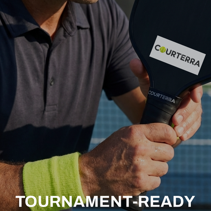 High-performance pickleball racket handle featuring a Courterra X-PRO overgrip for enhanced control and grip stability.